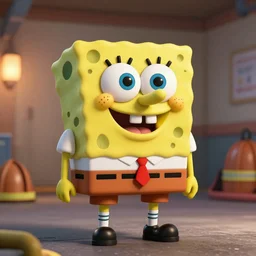 Spongebob square as a firefighter standing towards camera, photorealistic, cinematic lights, octane render