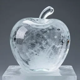 a clear ice sculpture of an apple, 8 k