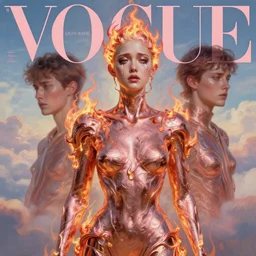 3 d, crying fashion model, flame, liquid metal and rose gold, morning, vogue cover style, poster art, high detail, intricate oil painting, multiple exposure, heaven mood, hyperrealism, 3 d, by tooth wu and wlop and beeple and greg rutkowski