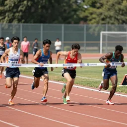 high quality finish line photo of runners diving at the finish line on a running track, slit - scan line camera photo, super slow motion