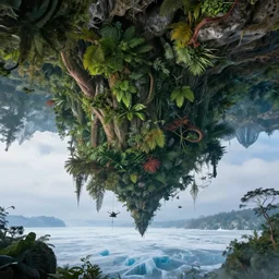 there is a jungle hanging upside - down from the cavern ceiling, intermingling with the frozen tundra