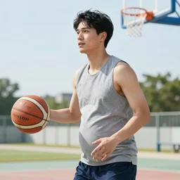 Photo of a young pregnant Japanese man playing basketball