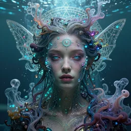 a render of an ancient futuristic ethereal pixie with digital modifications surrounded by a underwater ink pour and flowing liquid gallium and complex sacred geometry, powerful, cinematic, beautifully lit, perfect face, by beeple, by artgerm, by karol bak, by brian froud, 3 d, trending on cgsociety, octane render, 8 k