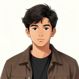 indian black-haired male teenager with short wavy hair, wearing a black shirt with a brown jacket. drawn by Yoji Shinkawa, character design