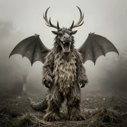 portrait photography of tyrolean farmer wearing big dragon costume, great maw, antlers on head, fog, clothes made from hay, desaturated, fog, dark, eerie, 1 9 2 0 s ghost photography