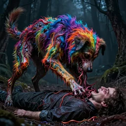 a very colorful and beautiful ( flesh - eating ) dog - like gazipagmo with hair like maggots and covered in raindow fur, eating the leg of a screaming man, schizophrenic hallucination, by alexandro judorowski and basia tran, fear, morbid, nightmare, supernatural, 8 k, digital art, highly detailed, chiaroscuro, creepy, terrifying