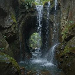 a beautiful landscape painting, an ancient tunnel water running down the walls that is alive, by sam guay, moody lighting, hyperrealism, 4 k, octane render