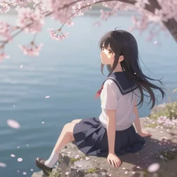 Soft blur, digital art, anime, advanced digital art, girl sitting at the edge of a cliff overlooking a lake filled with sakura petals, light reflected on her face in the style of lariennechan. —W 1024 —H 1024