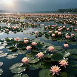 on mirror lake outspread for miles and miles, the lotus lilies in full blossom teem, cinematic, 3 5 mm lens, anamorphic lens flare, photographic, octane render, cinematography by roger deakins, in the style of ansel adams