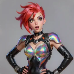 overwatch style oil painting portrait of tracer overwatch, confident pose, wearing black iridescent rainbow latex, rainbow, neon, 4 k, expressive surprised expression, makeup, wearing black choker, wearing sleek armor, studio lighting, black leather harness, expressive detailed face and eyes,