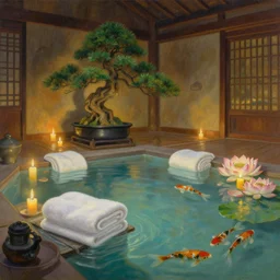 painting of interior of mythical fantasy onsen inn by greg rutkowski craig mullins mucha ross tran towels cozy candles levitating bonsai floating lanterns lotus koi clear focus fantasy atmospheric cinematic lighting, trending on artstation