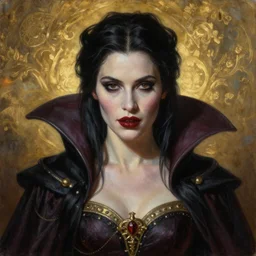 Menacing regal female vampire portrait, atmospheric lighting, painted, intricate, volumetric lighting, beautiful, rich deep colors masterpiece, golden hour, sharp focus, ultra detailed, by Leesha Hannigan, Ross Tran, Thierry Doizon, Kai Carpenter,Ignacio Fernández Ríos