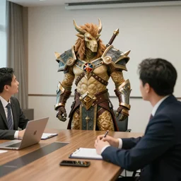 link botw in a suit at a business meeting with gandal