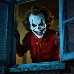 jeff the killer sneaking through your window at night with devious intent, his smile is very wide, vivid lighting, highly detailed, hyper realistic, many colors