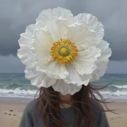 closeup, giant flower as head, a girl on beach, surreal photography, wind and cold, dramatic sky, impressionist painting, digital painting, artstation, simon stalenhag