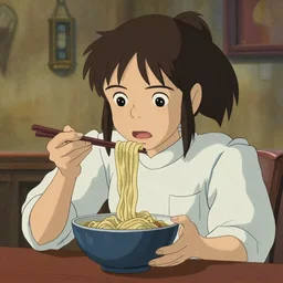 Elle Fanning eating noodles in spirited away, by Studio Ghibli,