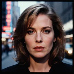 a hyper realistic and detailed head portrait photography of a joan holloway of mad men on madison avenue, new york city. by annie leibovitz. noir style. cinematic. neon lights glow in the background. ilford hp 5 4 0 0, canon eos c 3 0 0, ƒ 1. 8, 3 5 mm, 8 k, medium - format print