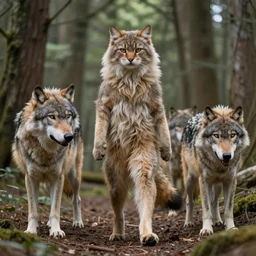 furry cat woman in a forest 8 b 4 _ _ _ with real wolves