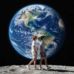 a gay couple taking a stroll on the moon, with the earth showing in the pitch black sky