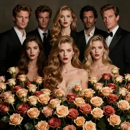 a fashion photo of a beautiful model, a bed of roses, by ted gibson, jen atkin, tom eerebout, elizabeth saltzman, peter lindbergh, tim walker, symmetry, full face, studio lighting, dlsr,