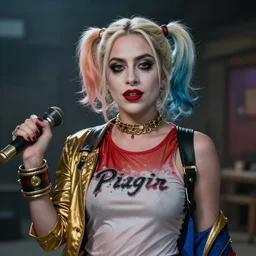 Lady gaga as real-life Harley Quinn, cinematic, Wide-shot, atmospheric lighting, extreme detail, 8K, movie still