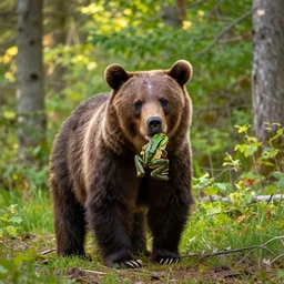 vibrant, beautiful, award - winning, wide - lens photograph of a bear holding a frog in a forest,. daytime, sun light, natural light, outdoors, long shot, wide shot, full shot,