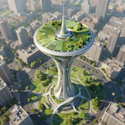 matte painting of the bird's eye view of umbrella tower. citypark on top. ecofuturistic architecture. dynamic perspective. urban, detailed digital art trending in artstation