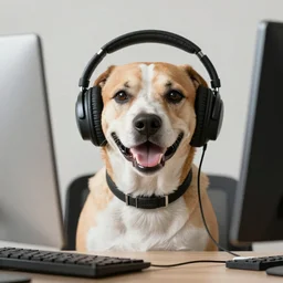 a picture of a dog with headphones playing on a computer. he is happy and looking at the camera