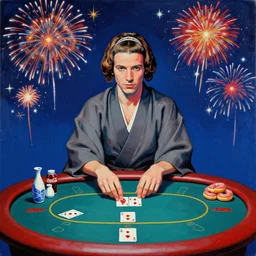 single man in kimono, sitting at an extremely detailed poker table with the detailed princess leia, sake, coca cola, donuts, on the table, fireworks and stars on the background, by andy warhol, by roy liechtestein, canvas, acrylic paint, cool colour palette, poster, 4 k, ultra - hd