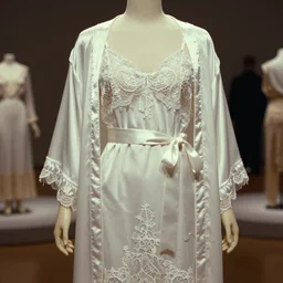 the film still photographed image is a haute couture sleepwear ensemble from the 1 9 0 0 s. this piece was inspired by the zodiac sign of taurus. the ensemble consists of a delicate white nightgown with intricate lace detailing, a matching robe, and a satin sash. the ensemble is displayed on a plump mannequin in the exhibit. vibrant cinematography, anamorphic lenses, upscale, hyper realistic