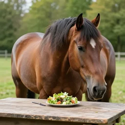 a large humanoid horse sitting at a rustic table eating a small side salad