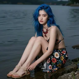 dslr photo of a pretty young woman, full bodied portrait, with blue hair, sitting the shallow part of a lake, wearing a flower skirt, and body and wearing hemp sandals and a very detailed ruby necklace around neck, artgerm, artstation, very high quality face, intricate details, extremely high quality, moody lighting, real camera, real photo, 8 k, full subject in shot