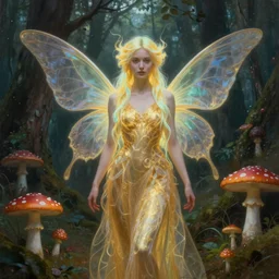 stunningly beautiful female faerie priestess in amanita muscaria forest landscape, symmetrical wings on back, neon hair, fantasy art, wearing a dress of gossamer gold, inner glow, illustration, dramatic lighting, soft details, painting, art nouveau, octane render, 8 k, hd, by edmund blair leighton, brom, charlie bowater, faces by otto schmidt