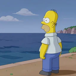 Homer Simpson contemplating life while staring out at the sea, realism, high detail