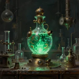 a painting of a complex steampunk emerald emissive potion bottle centered on a counter in a dark dusty vintage science lab, by h. r. giger, hyperrealistic fantasy art, concept matte, ethereal, dreamy, digital art, trending on artstation, volumetric cinematic lighting