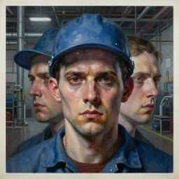 scary factory worker face, hyperrealistic painting, figurative art, multiple exposure, poster art, by mike winkelmann