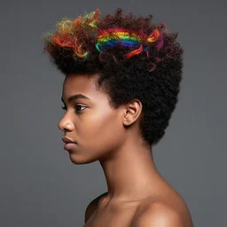 editorial fashion photography of high flat - top afro hairstyle, adorned with rainbows