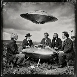 daguerreotype of scientists examining a crashed ufo, hyper realistic,