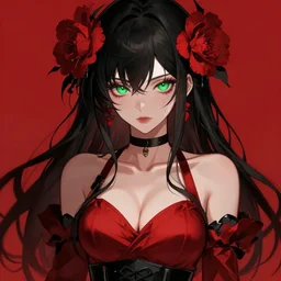 sexy girl with green eyes, flower in her hair, wearing a low cut top, red and black color palette, in the style of and ilya kuvshinov and greg rutkowski, high quality anime artstyle, intricate