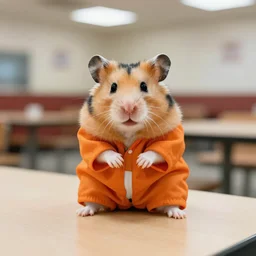 a hamster wearing an Orange prison jumpsuit sitting at a cafeteria table