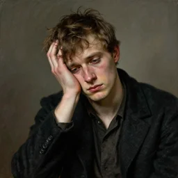 portrait of a disillusioned young man, drained of energy by the artistic struggle, by louis wain, simon stalenhag, trending on artstation