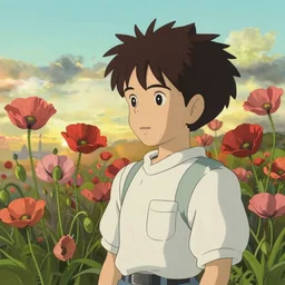 a bright, cute ghibli painting of oriental poppy flowers at dawn, beautiful lighting, in the style of studio ghibli, artwork by Hayao Miyazaki and Isao Takahata, highly detailed, 8K, smooth, cinematic, vibrant colors, trending on artstation, japanese animation, stunning artistry and soaring imagination