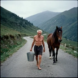 movie still by tarkovsky of an skinny old man carrying a bucket with a horse on a mountain road, cinestill 8 0 0 t 3 5 mm eastmancolor, heavy grain, high quality, noir, natural textures, photorealistic, ambient occlusion, hd, ultra wide lens, anamorphic