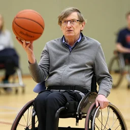 a closeup photorealistic photograph of steven hawking playing wheelchair basketball. bright scene. fine detail. this 4 k hd image is trending on artstation, featured on behance, well - rendered, extra crisp, features intricate detail, epic composition and the style of unreal engine.