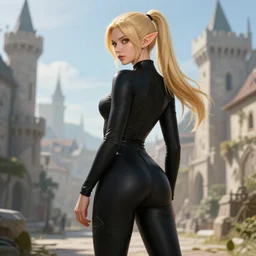 picture of an elf lady, wearing a skintight black catsuit, waist - reaching ponytail, blonde, white skin, thin waist, medieval city background, highly detailed, smooth, sharp focus, digital illustration, by rossdraws