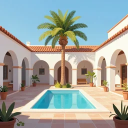 arriving into a mediterranean courtyard with a palm tree and pool in the center, digital illustration, 8 k by moebius