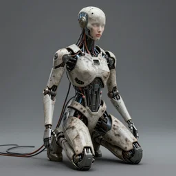 A cyborg kneeling in front of a human. The cyborg has humanoid head, the image is futuristic, has cyberpunk style, has cables, wires, it is photorealistic, highly detailed, gritty texture, and trending in Artstation, created by Craig Mullins and Feng Zhu