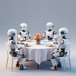 robots sitting on a table and dining, flowers as deco on the tables, digital art