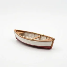 miniature rowboat, 8k product photo, isolated on a pure white background, centered, entire object in frame, sharp focus, soft studio lighting