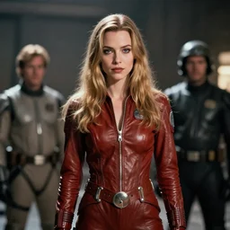 a portrait of milla jovovich as barbarella wearing a leather spacesuit, beautiful, soft focus, depth of field, cinematic, film grain, wide shot, in the style of kubrick, ridley scott, star wars, unreal engine
